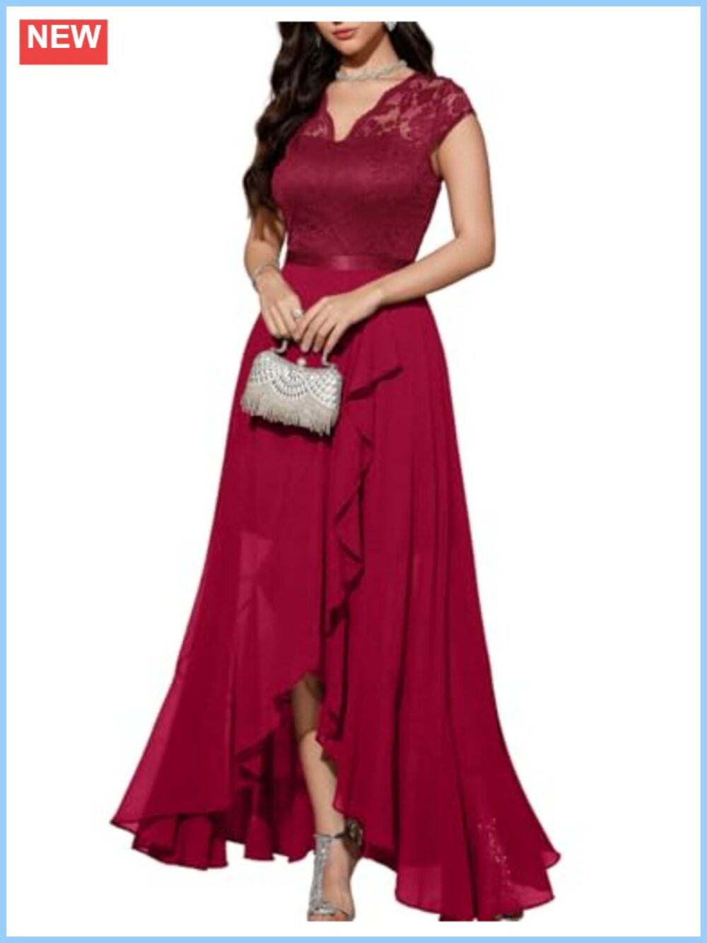 V-Neck Hi-Lo Floral Lace Chiffon Dress Wedding Guest Cocktail